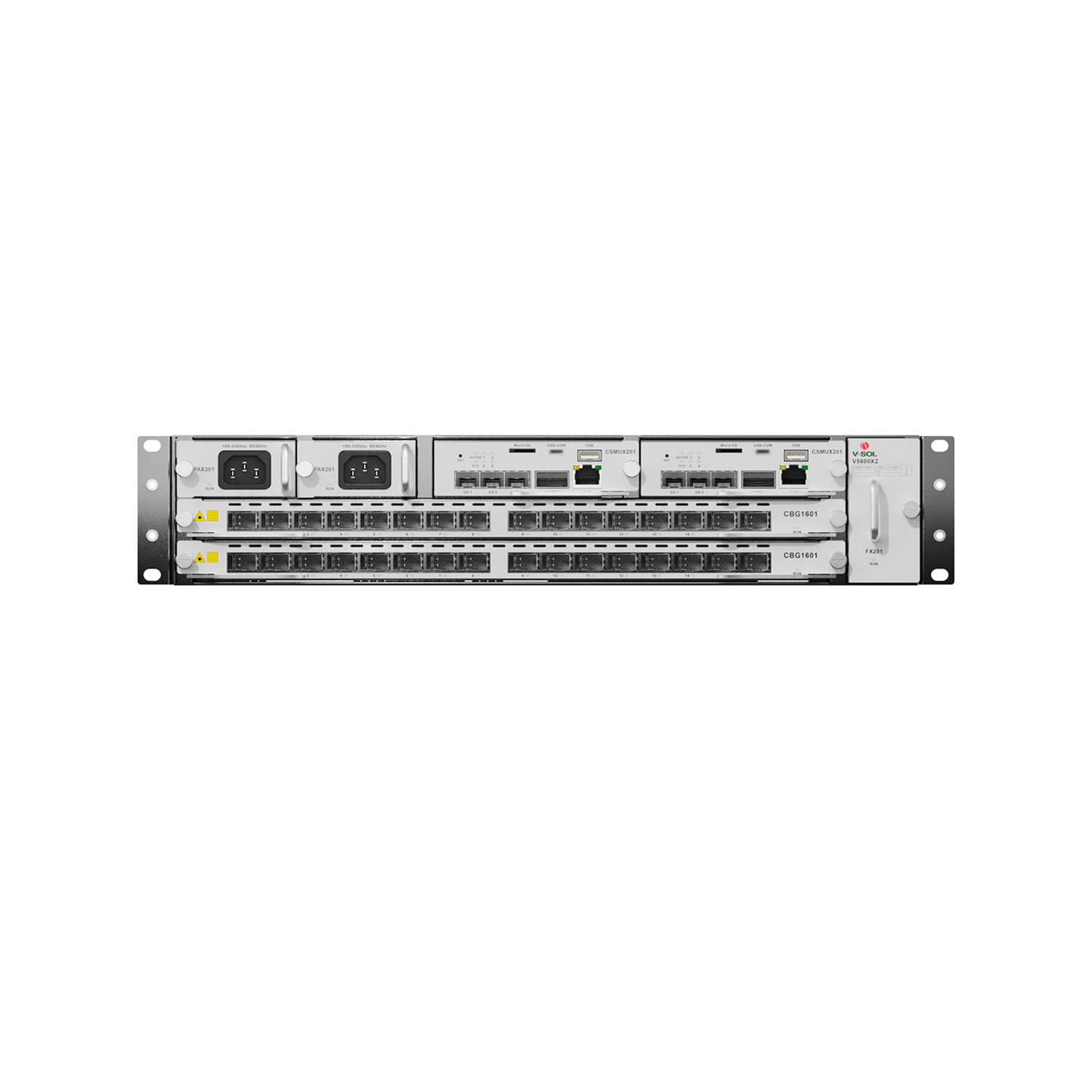 V5600-X2 - OLT Modular tipo Chasis GPON/XGS-PON Combo,1 Tarjeta de Servicio de 16 Puertos GPON, 2 Ranuras, 1 Fuente de Alimentación AC, 2 UR