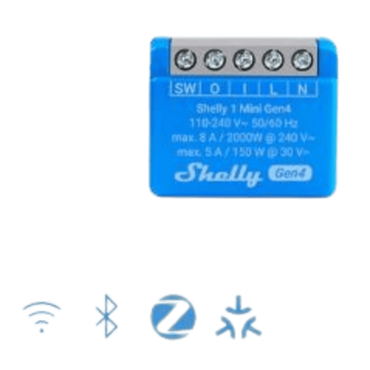 SHELLY1MINIGEN4 - Mini Interruptor inteligente con Wi-Fi 2.4 / contacto seco /1 canal 8A, 110 - 240V / compatible con asistentes de voz