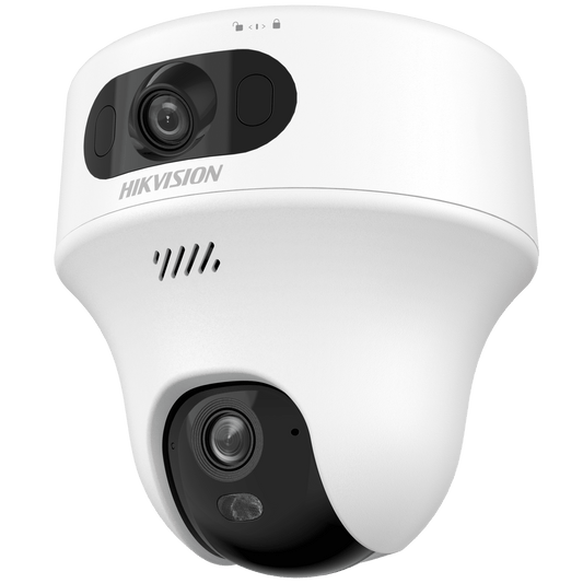 DS-2CFWQ6-D - Turret PT  IP de doble lente de 6 Megapixel / Lente 2.8 mm / Dual Light (20 mts IR + 15 mts Luz Blanca) / Wi-Fi / IP54 / dWDR  / H.265 / Audio Bidireccional (Micrófono y Bocina)