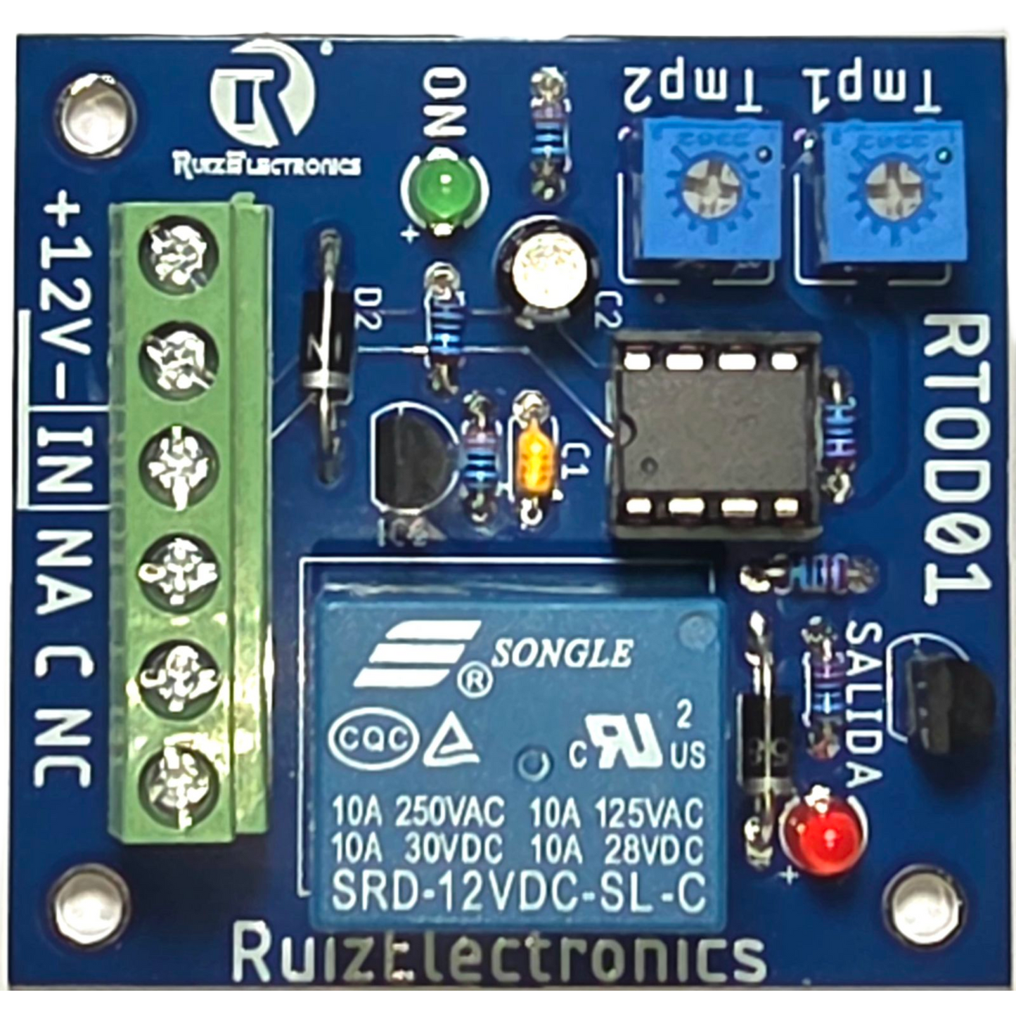 RTOD01 - Tarjeta Temporizadora RTOD01 / Retardo 0-60 segundos / Duración 0-60 segundos / Alimentación 12VDC / Salida Relevador NA-NC-C / Indicadores LED