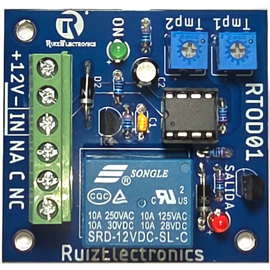 RTOD01 - Tarjeta Temporizadora RTOD01 / Retardo 0-60 segundos / Duración 0-60 segundos / Alimentación 12VDC / Salida Relevador NA-NC-C / Indicadores LED