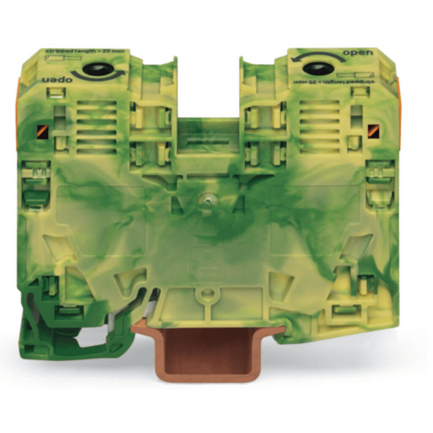 285-137 - Borna de Tierra, 2 Conductores 35 mm², POWER CAGE CLAMP, Poliamida PA66, Montaje Carril DIN 35x15, Verde-Amarillo, Aplicaciones Ferroviarias y Marinas