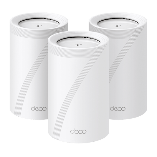 DECO-BE65-3PACK - KIT 3 Routers Inalámbrico MESH Interior para Hogar / Triple Banda Wi-Fi 7 BE9300 Mbps / 2 Puerto 2.5 Gigabit WAN/LAN / 4 Antenas Internas / Operación Multi-Link MLO / Administración Mediante la App Deco (iOS, Android) / HomeShield